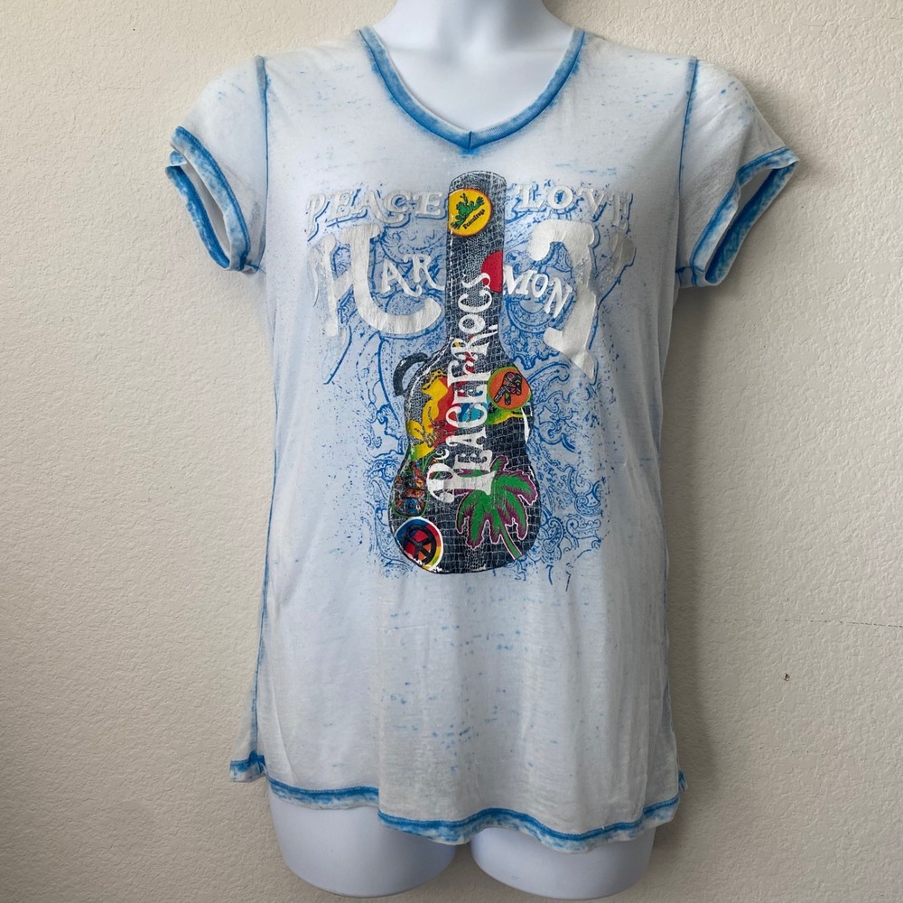 Peace Frogs Y2K Graphic Tee Womens XL White Blue Acid Wash Burnout V Neck Guitar